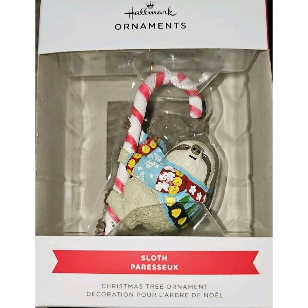 Hallmark Sloth Christmas Tree Bulb Ornament - Sloth On A Candy Cane - New In Box